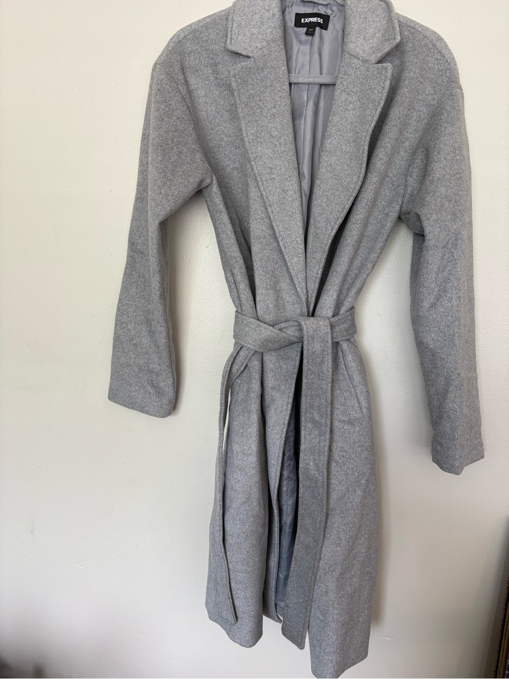 Express Light Gray Belted Long Robe Coat
